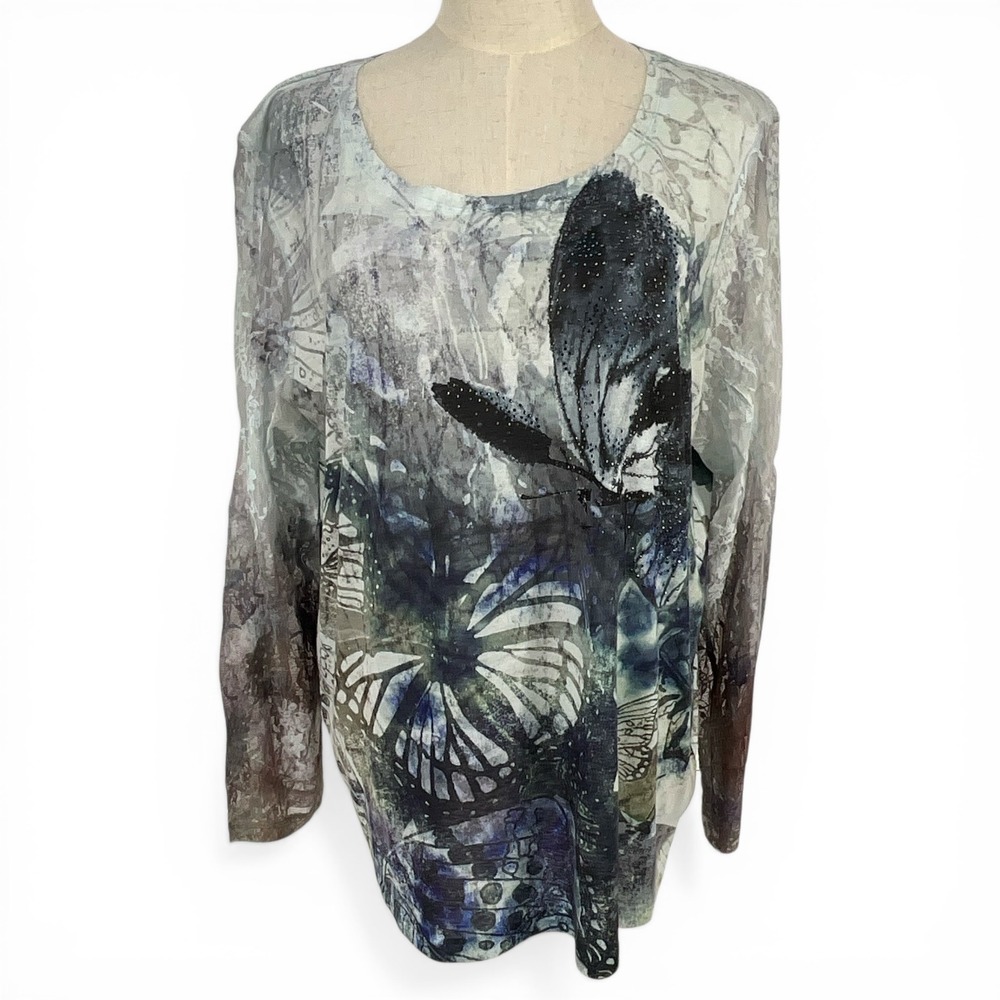 Chicos Butterfly Rhinestone Lace Sleeve Top Blue Green Sz‎ 3 XL US 16